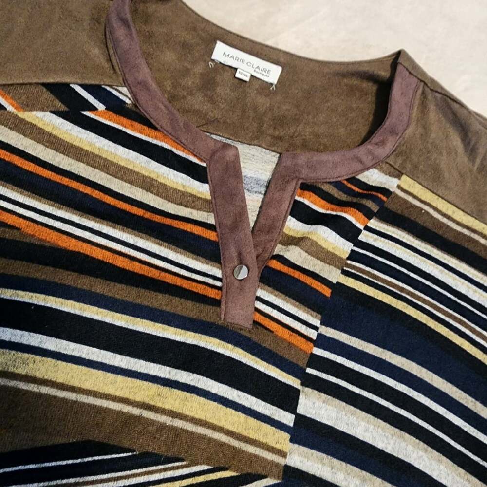 Marie Claire Striped Cozy Fall Dress Size TG/XL Multi-Color Velvet taupe collar - Picture 3 of 13